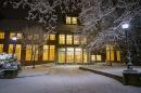 Entrance to Dimond Library with a dusting of snow